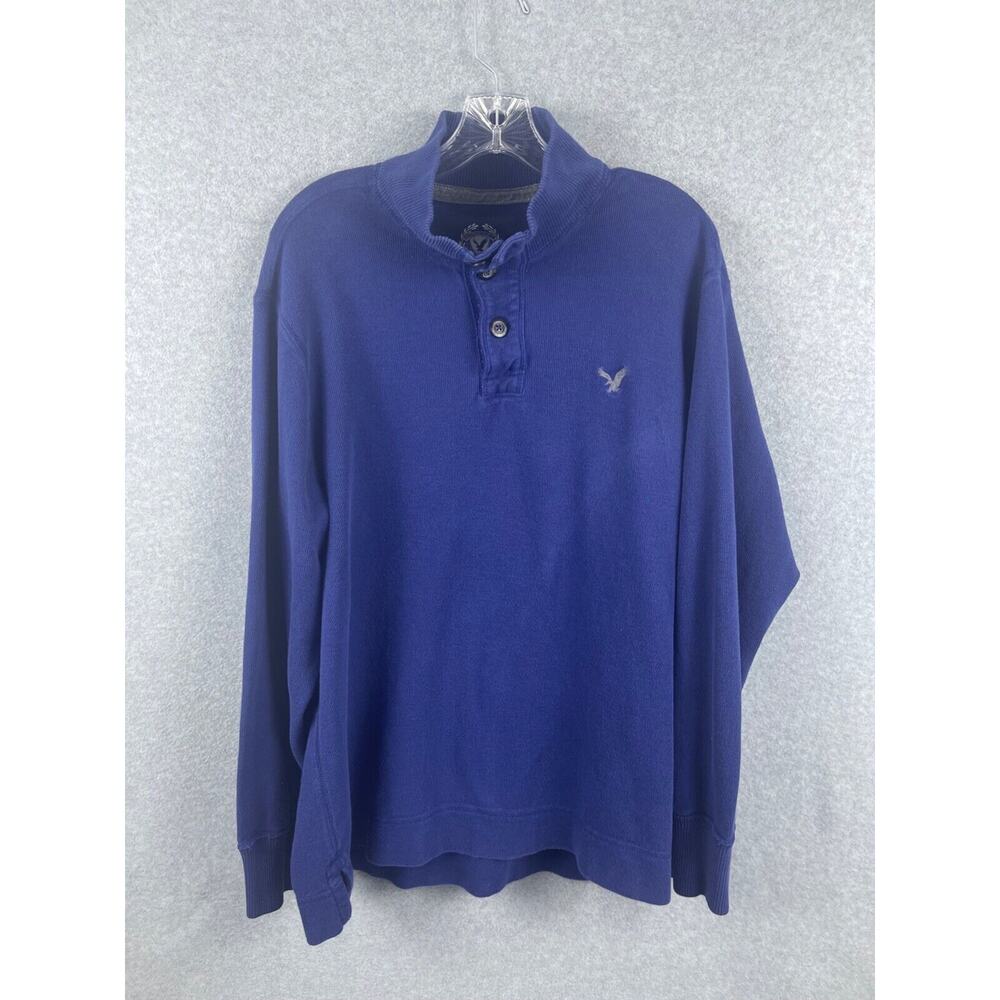 American Eagle Sweater Men's 2XL Blue Long Sleeve Pullover Button High Neck 90s